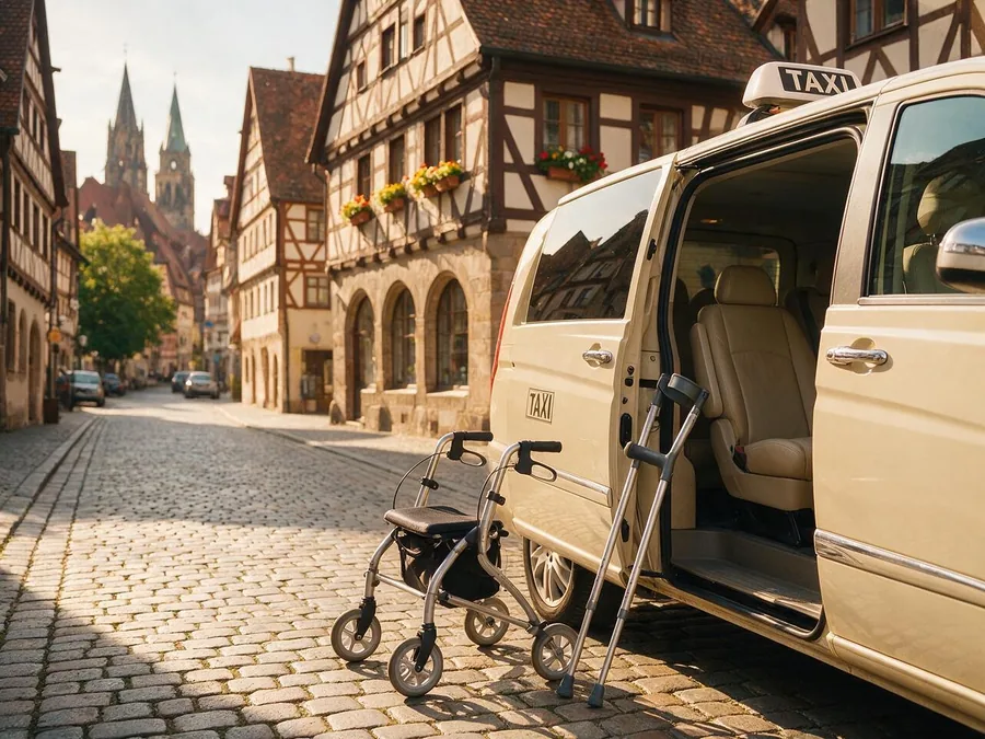Rollator und Gehstützen an der Schiebetür des Taxis